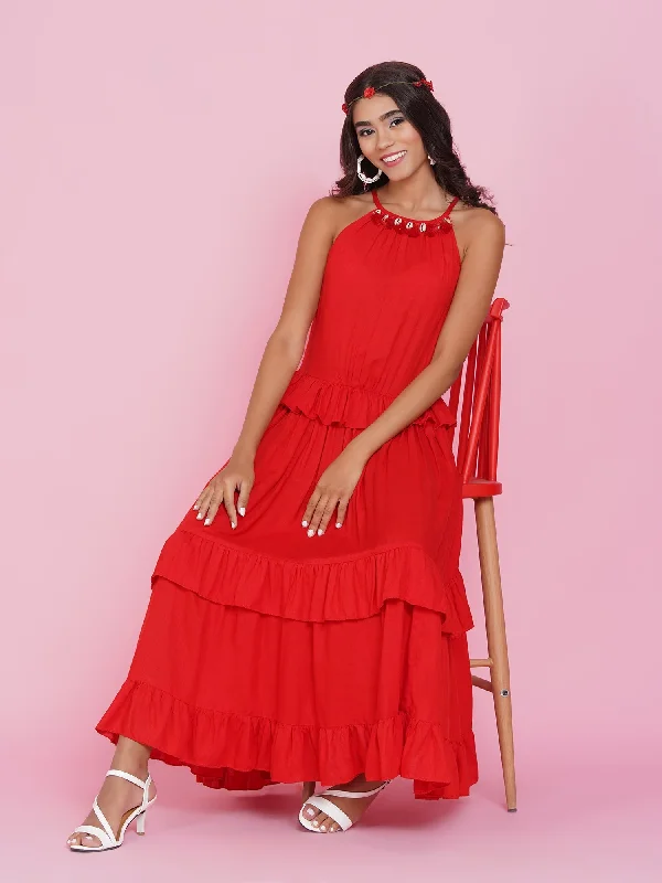Women's Red Tiered Rayon Dress - Women Republic
