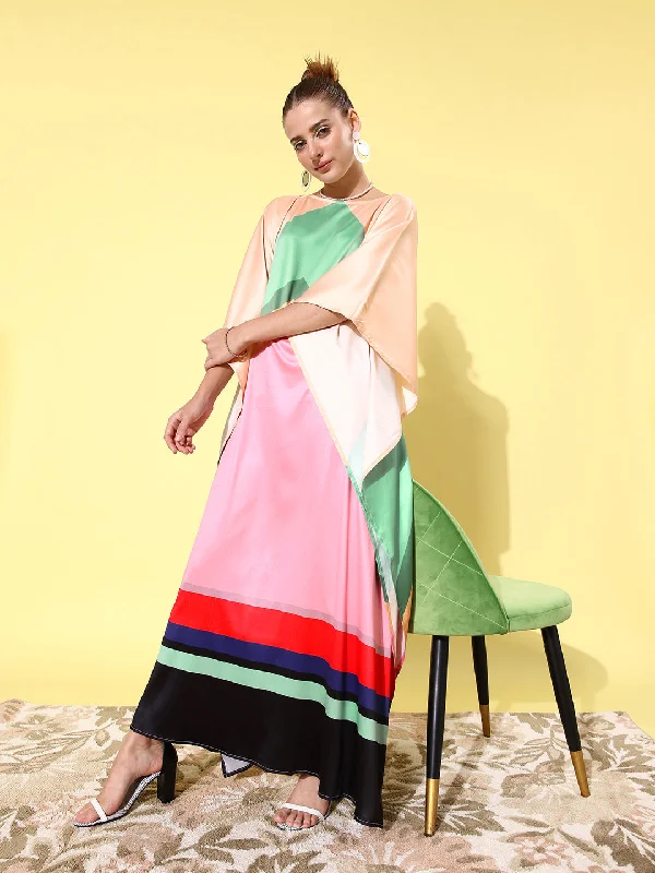 Women's Satin Multicoloured Kaftan Dress - StyleStone