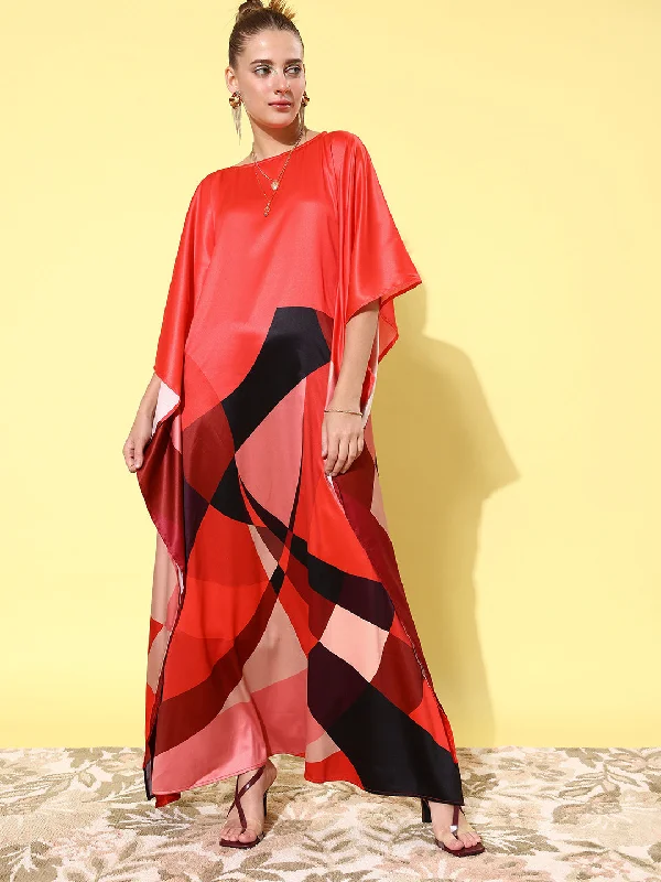Women's Satin Red Kaftan Dress - StyleStone