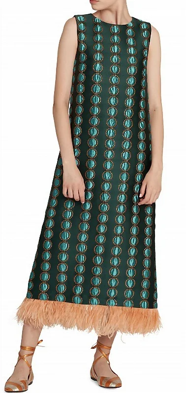 Jacquard Ostrich Feather-Trimmed Column Dress In Multi