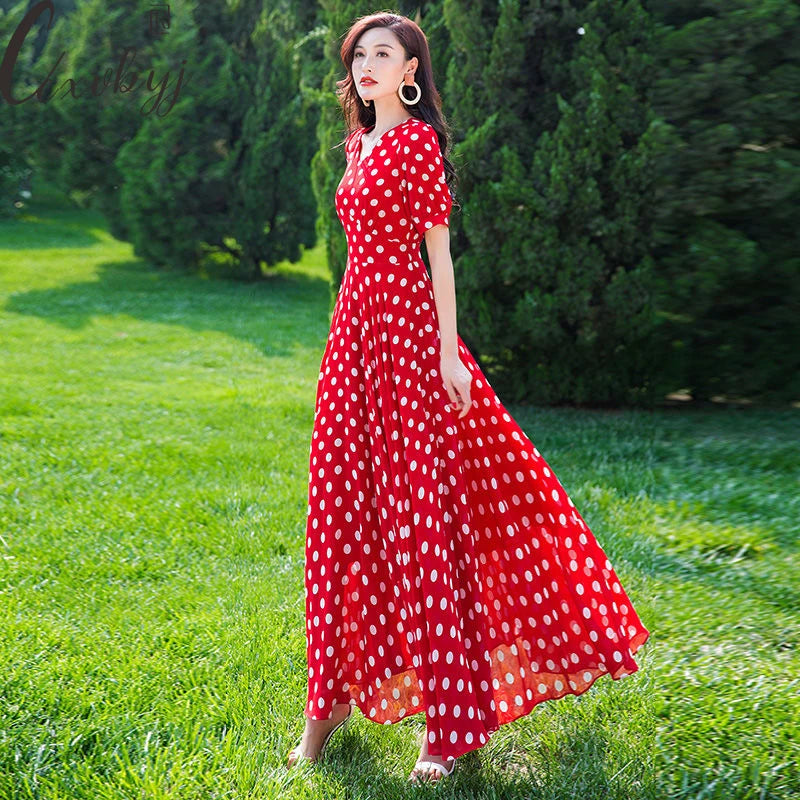 FashionSierra - 2024 Large Size Loose V-Neck Long Chiffon Boho Dress