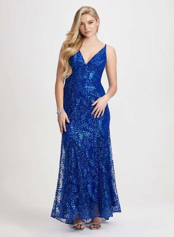 Glitter Mesh V-Neck Gown