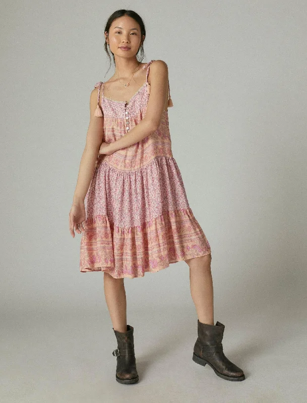 Lucky Brand Womens Mixed Print Tie Sleeve Tiered Dress