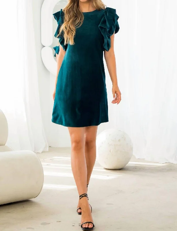 Ruffle Sleeve Velvet Dress In Teal