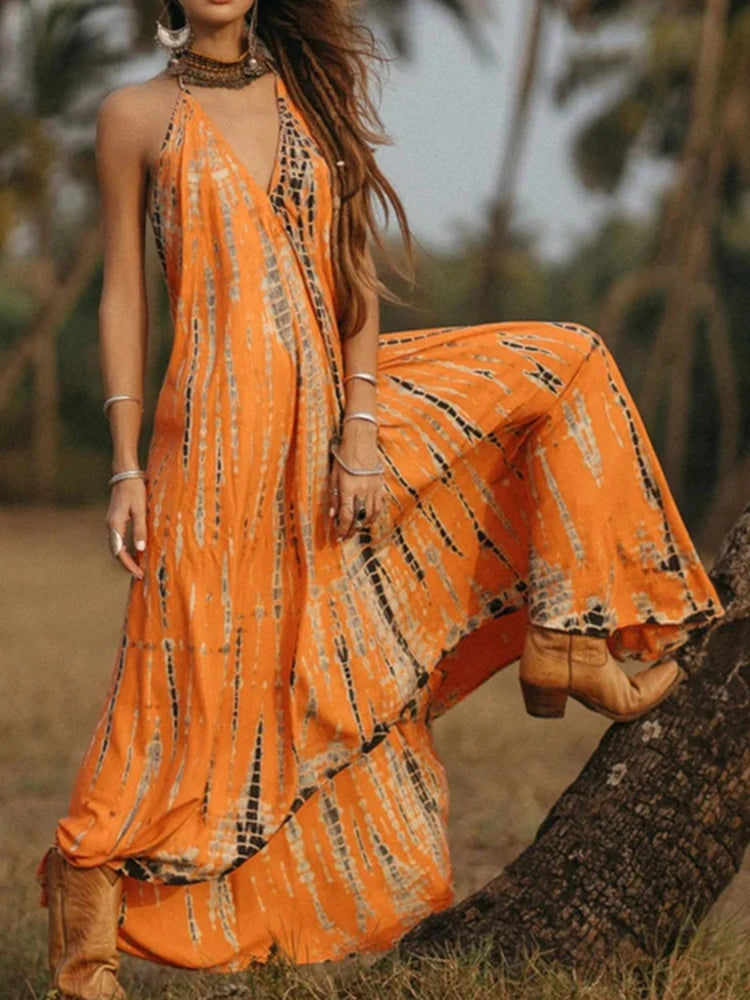 FashionSierra - 2024 Sexy Backless Halter Necktie Printed Boho Dress