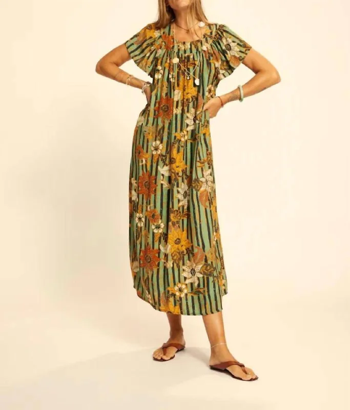 Silk Print Sienna Dress In Sunflower Stripe Moss Green