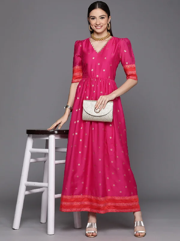 Women's Pink Chanderi Gold Foil Print Dress - Ahalyaa