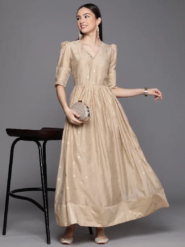 Women's Beige Chanderi Gold Foil Print Dress - Ahalyaa