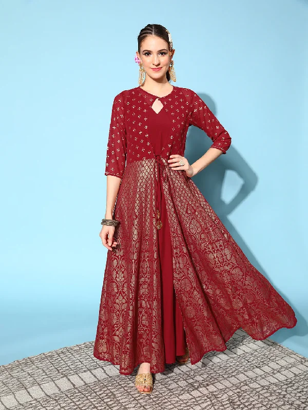 Women's Beautiful Maroon Crepe Brocade Ethnic Dress - Ahalyaa