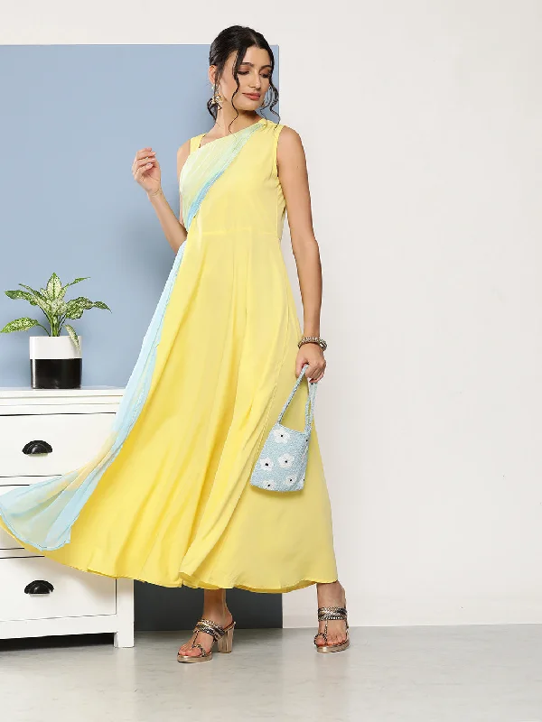 Women's Yellow Chiffon Colourblocked Ethnic Dress - Ahalyaa