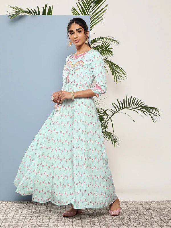 Women's Sea Green Crepe Printed Ethnic Dress - Ahalyaa