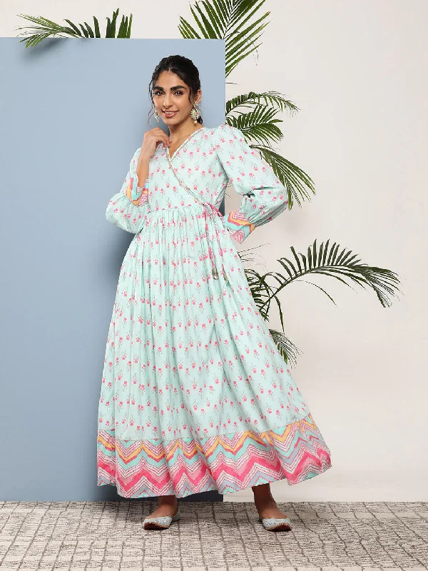 Women's Sea Green Crepe Printed Ethnic Dress - Ahalyaa