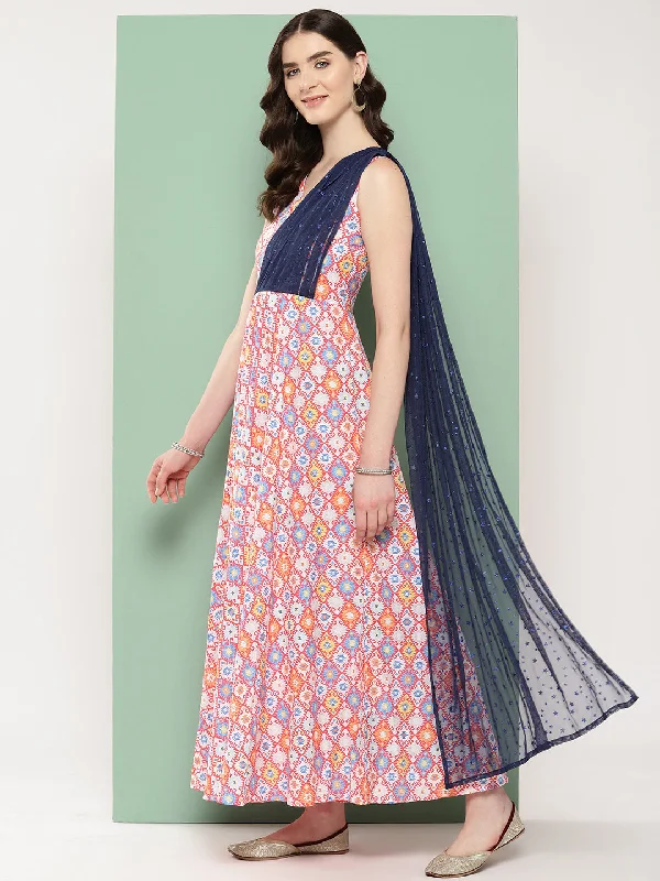 Women's Abstract Printed Empire Ethnic Dress - Ahalyaa