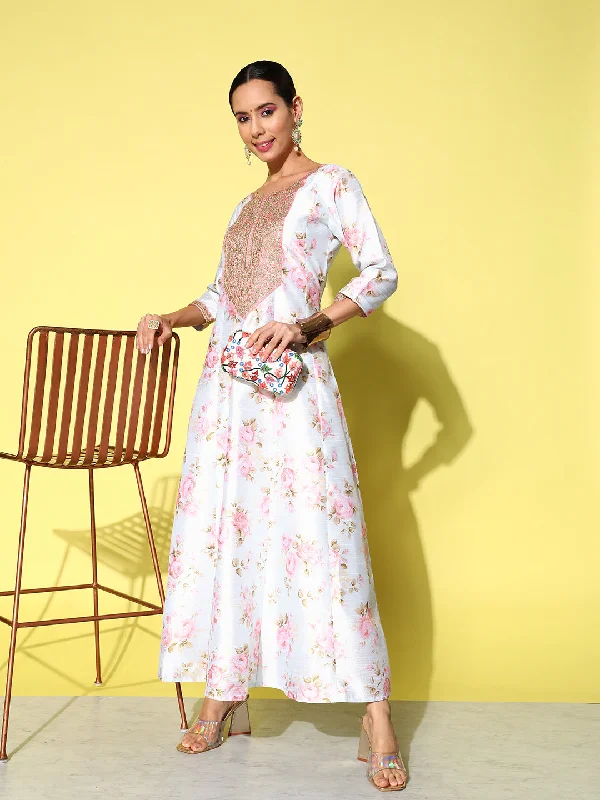 Women's Powder Blue Poly Silk Printed Ethnic Dress - Ahalyaa