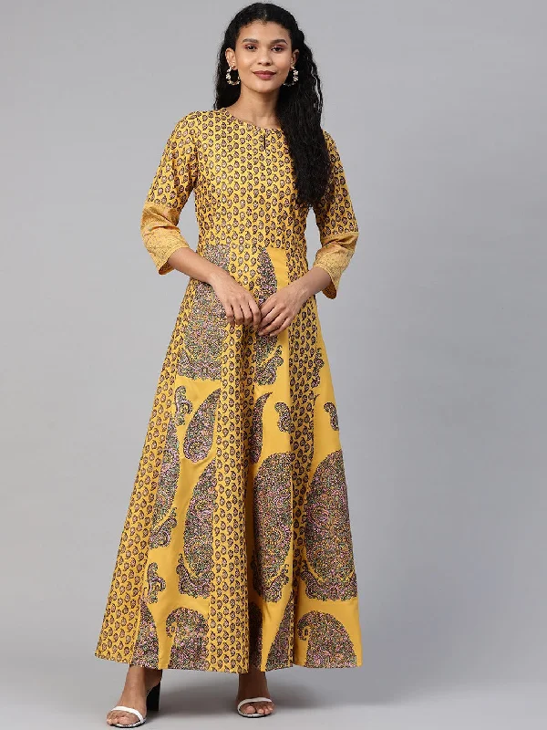 Women's  Mustard Crepe Printed Ethnic Dress - Ahalyaa
