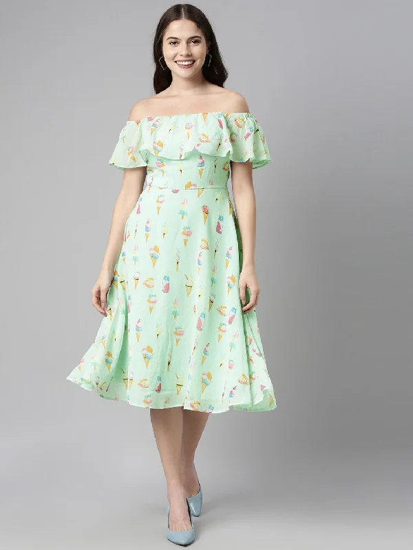 Women's Green Georgette Graphic Printed Dress  - Ahika