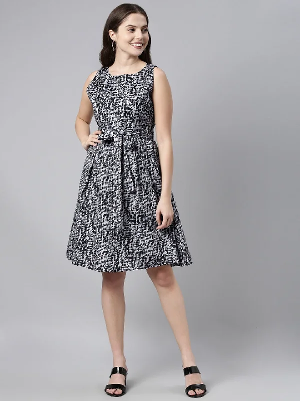 Women's Black Crepe Abstract Printed Dress  - Ahika
