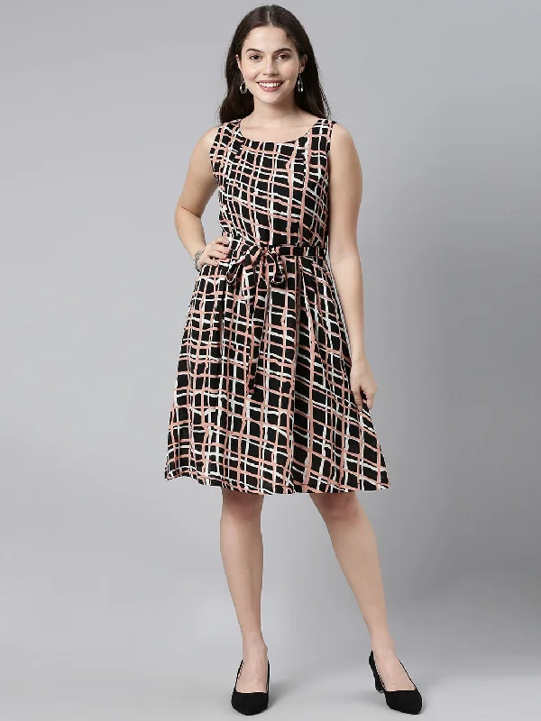 Women's Black Georgette Geometric Printed Dress  - Ahika