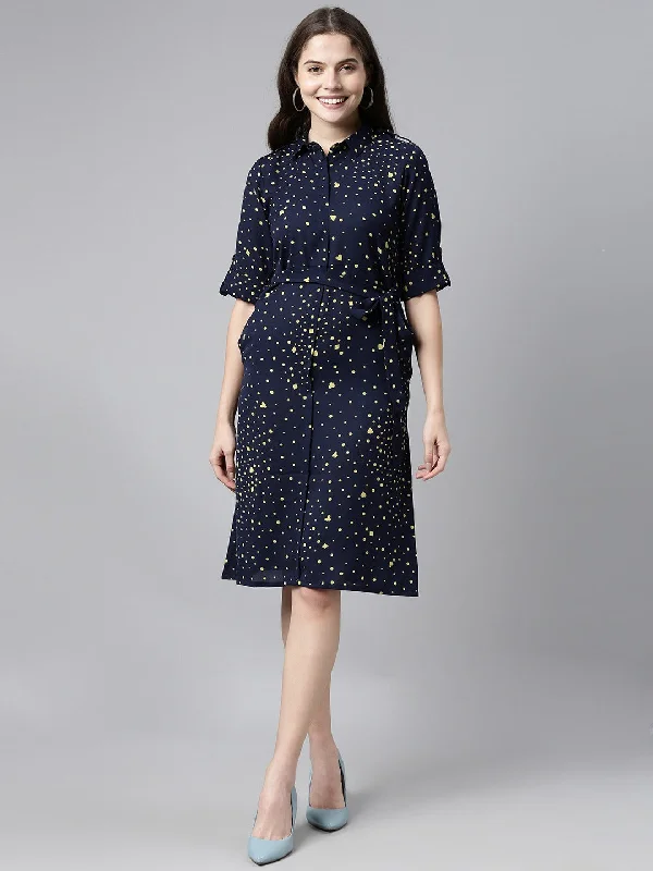 Women's Dark Blue Georgette Geometric Printed Dress  - Ahika