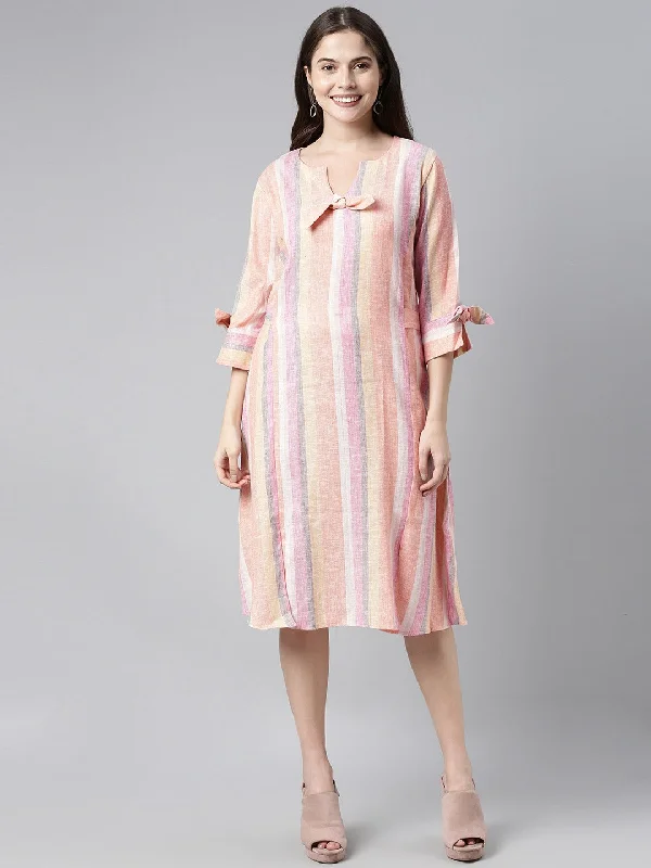 Women's Multicolor Cotton Blend Striped Printed Dress  - Ahika