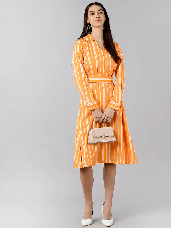 Women's Orange Polyester Striped Printed Dress  - Ahika