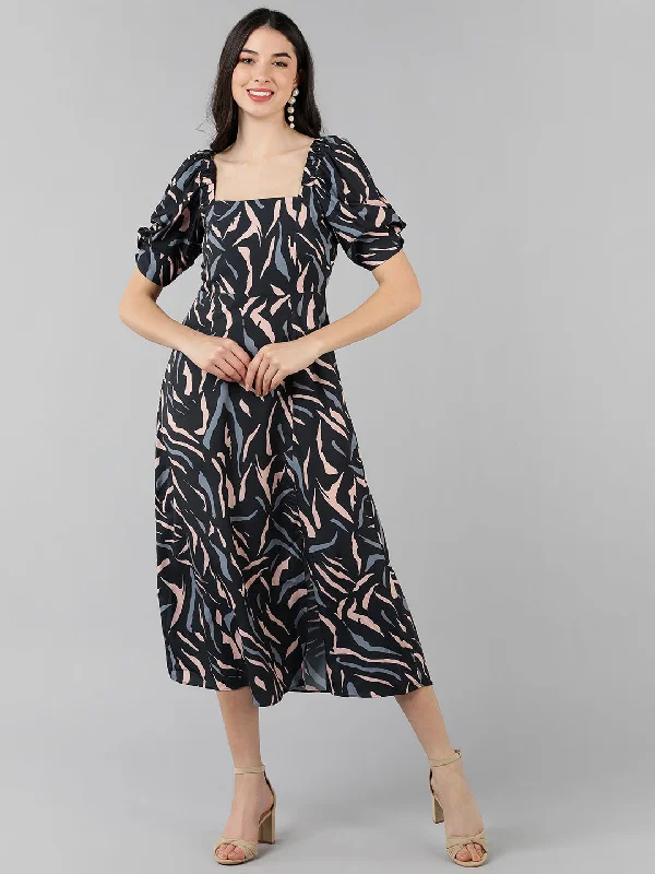Women's Black Polyester Abstract Printed Dress  - Ahika