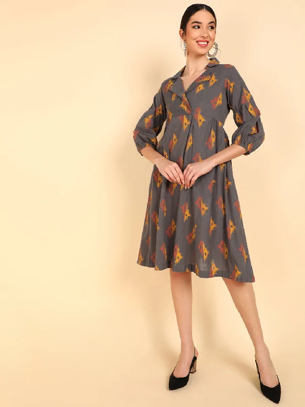 Women's Taupe Cotton Conversational Printed Dress  - Ahika