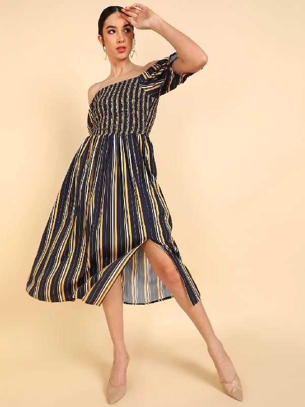 Women's Navy Blue Polyester Striped Printed Dress  - Ahika