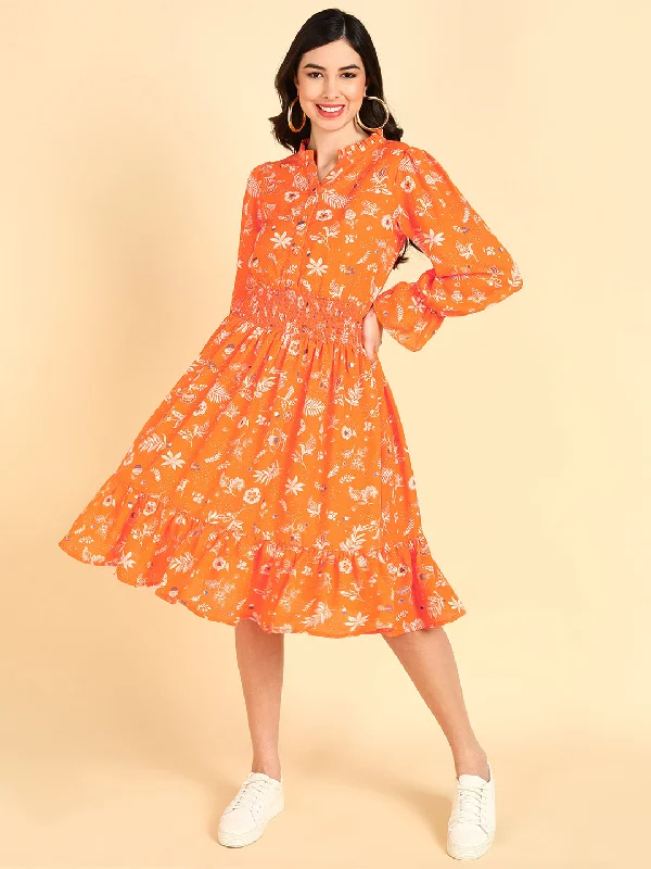 Women's Orange Georgette Ethnic Motifs Printed Dress  - Ahika