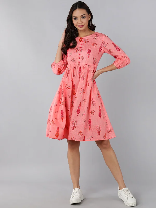 Women's Pink Cotton Ethnic Motifs Printed Dress  - Ahika
