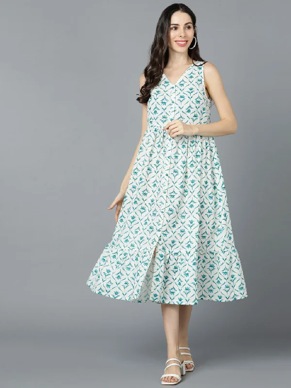 Women's White Cotton Geometric Printed Dress  - Ahika