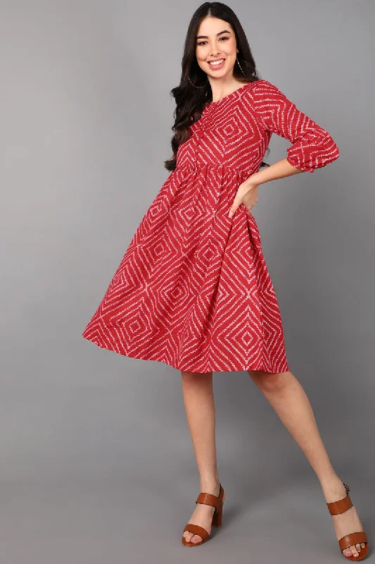 Women's Red Cotton Ethnic Motifs Printed Dress  - Ahika