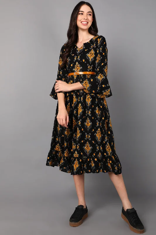 Women's Black Cotton Ethnic Motifs Printed Dress  - Ahika