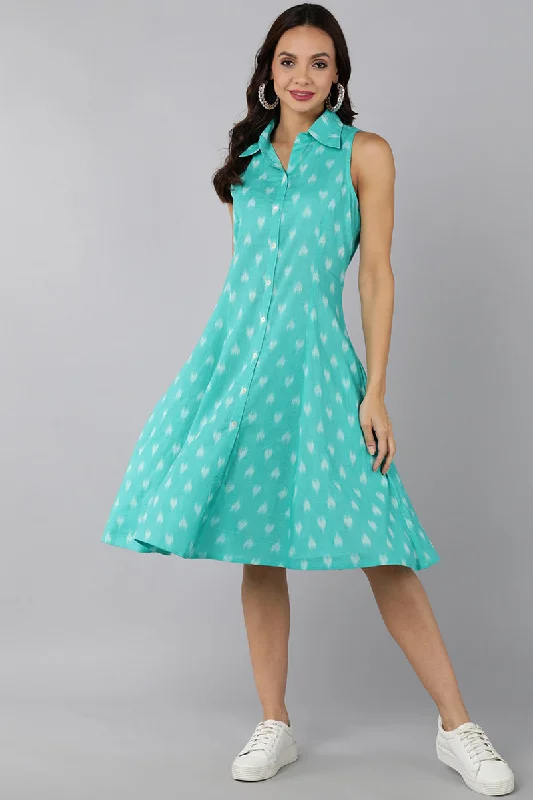 Women's Sea Green Cotton Graphic Printed Dress  - Ahika