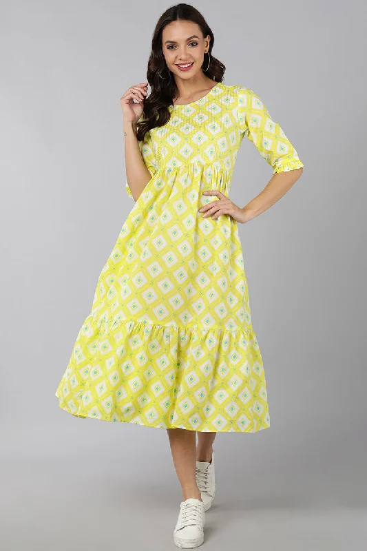 Women's Yellow Cotton Geometric Printed Dress  - Ahika