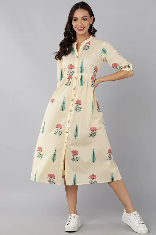 Women's Cream Cotton Ethnic Motifs Printed Dress  - Ahika
