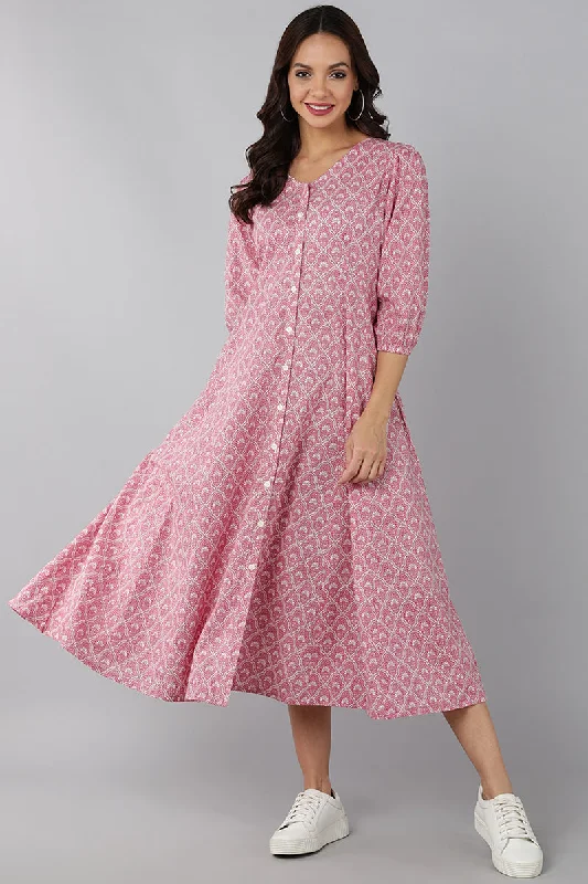 Women's Pink Cotton Ethnic Motifs Printed Dress  - Ahika