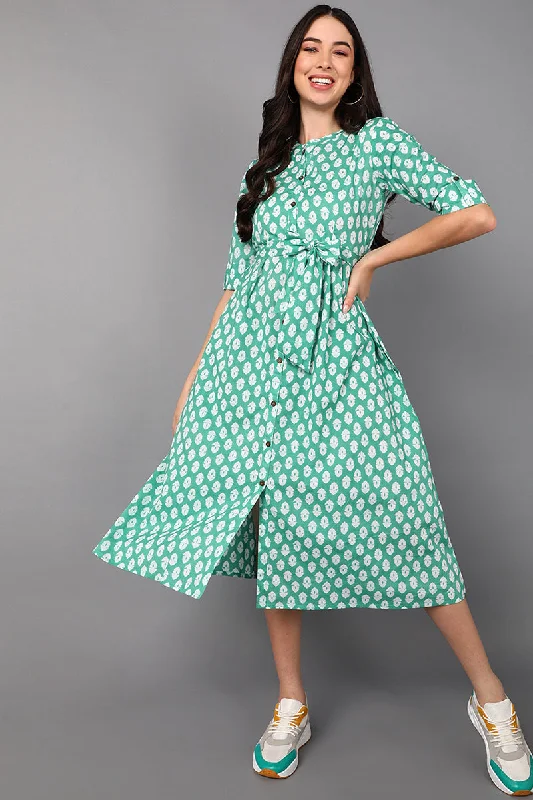 Women's Sea Green Cotton Ethnic Motifs Printed Dress  - Ahika