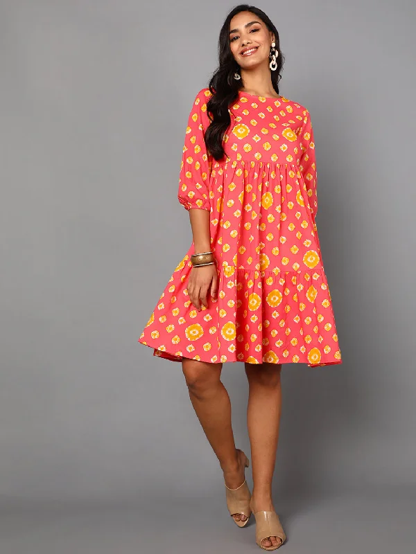 Women's Orange Cotton Geometric Printed Dress  - Ahika