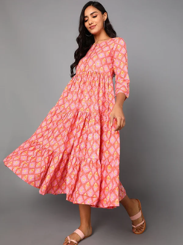 Women's Pink Cotton Ethnic Motifs Printed Dress  - Ahika