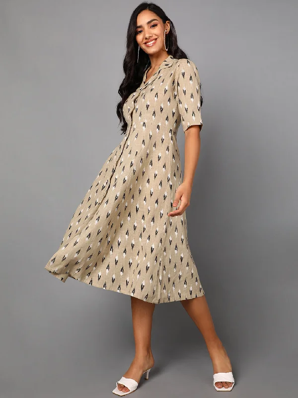 Women's Cream Cotton Geometric Printed Dress  - Ahika