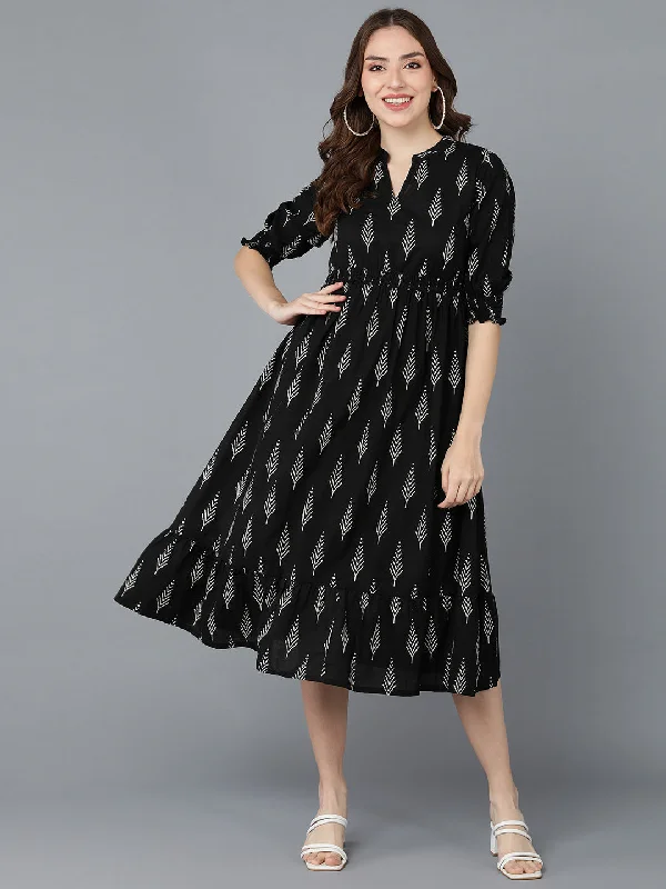Women's Black Cotton Geometric Printed Dress  - Ahika