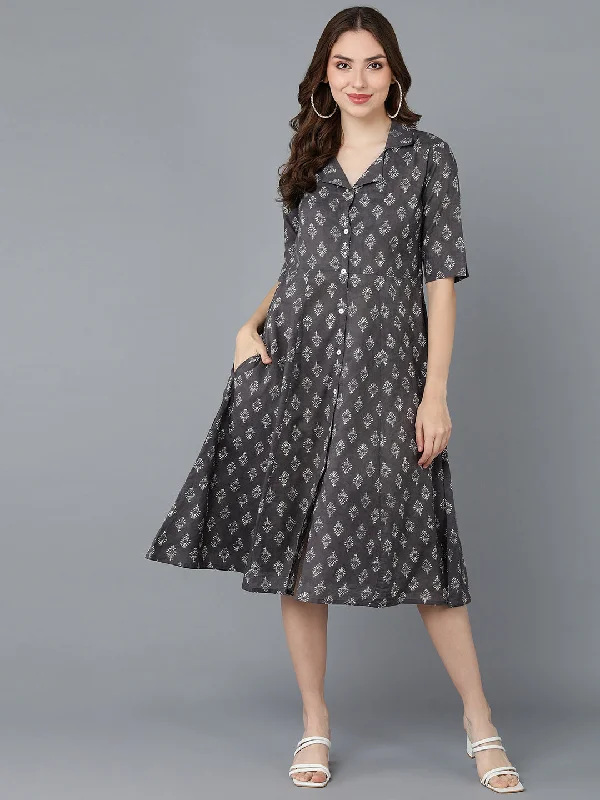 Women's Taupe Cotton Geometric Printed Dress  - Ahika