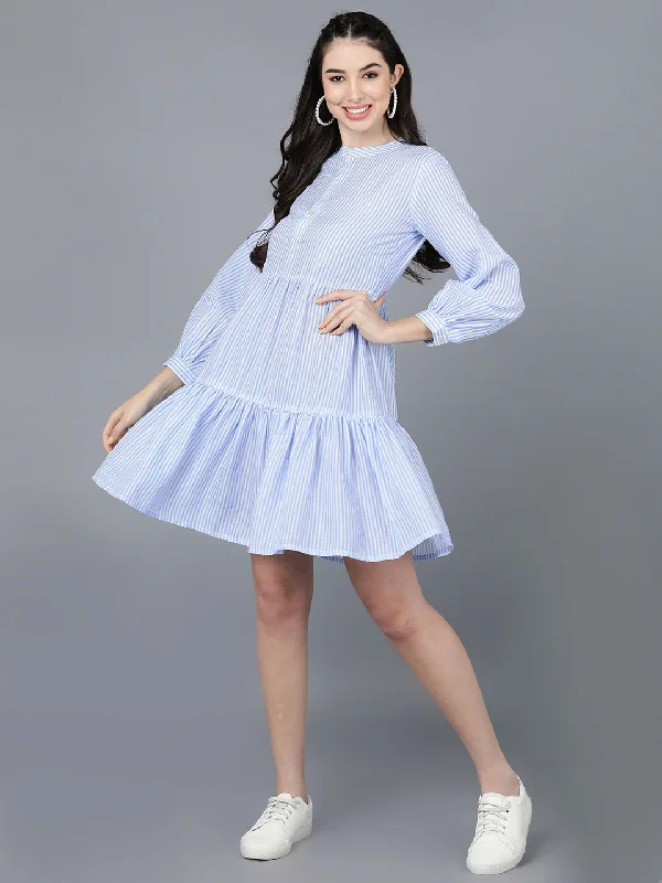 Women's White Cotton Striped Printed Dress  - Ahika