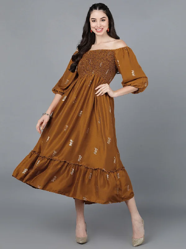 Women's Mustard Crepe Embellished Printed Dress  - Ahika