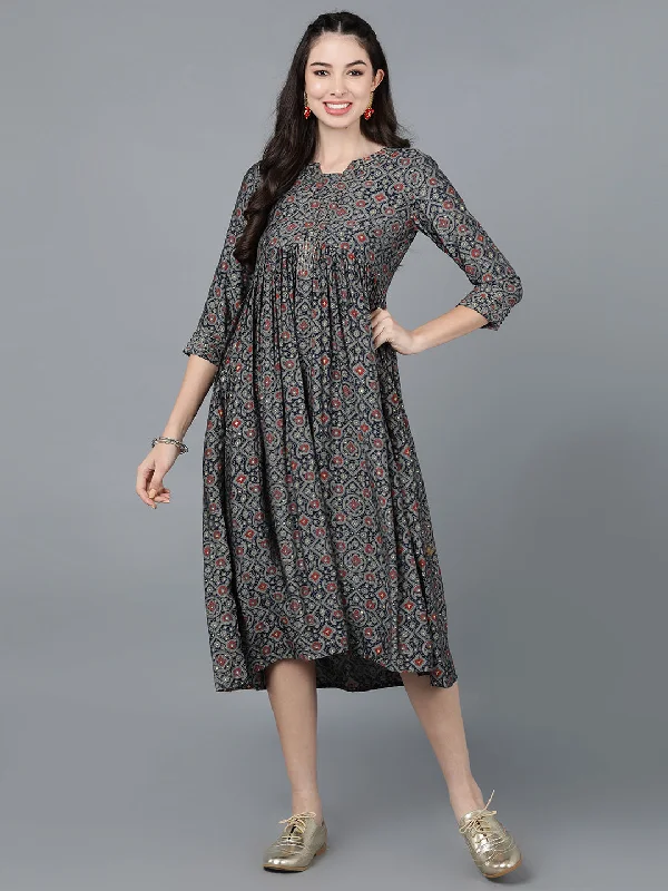 Women's Navy Blue Crepe Ethnic Motifs Printed Dress  - Ahika