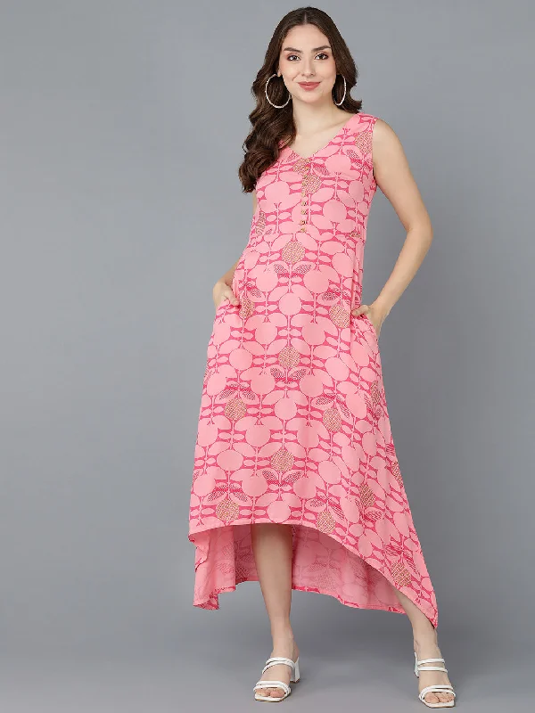 Women's Pink Cotton Geometric Printed Dress  - Ahika