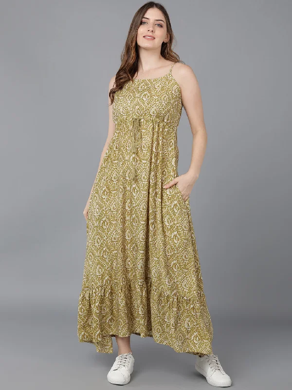 Women's Olive Crepe Geometric Printed Dress  - Ahika
