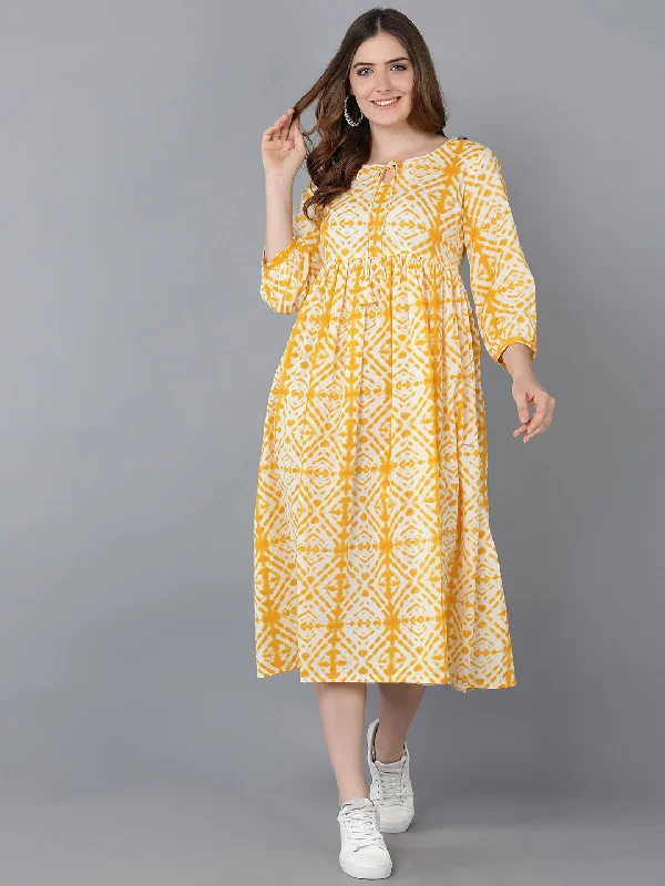 Women's Yellow Cotton Tie And Dye Printed Dress  - Ahika