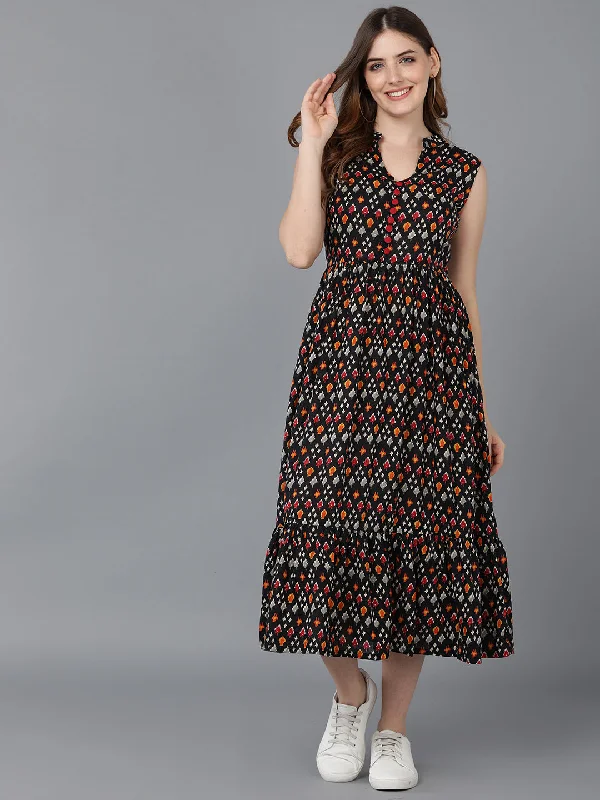 Women's Black Cotton Geometric Printed Dress  - Ahika